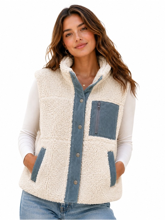Knapp Studio Jackets & Blazers - Women's Cream Sherpa Vest with Blue Trim